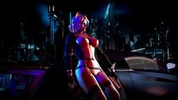 3d armed barmak big_breasts breasts car cat_ears cd_projekt_red ciri crossover cyberpunk_2077 female_only garter_belt gloves looking_to_the_side outdoors skyline solo stockings straps the_witcher the_witcher_(series) the_witcher_3:_wild_hunt