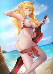 1girls ahoge ass beach bikini blonde_hair blush bracelet breasts breasts_out cloud earrings fate/grand_order fate_(series) female green_eyes hair_intakes long_hair lying navel nero_claudius_(fate) nero_claudius_(swimsuit_caster) nipples ocean outdoors sand side-tie_bikini sky smile solo striped striped_bikini svikey swimsuit sword twintails water weapon wet