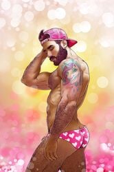 1boy abs baseball_cap beard bikini_briefs black_eyes body_hair brown_hair facial_hair hairy_male human ismael_alvarez male male_nipples male_only masculine mature_male muscles mustache original pin-up pinup solo tattoo underwear