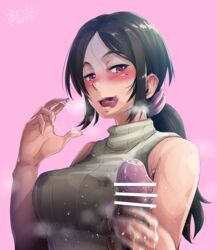 1boy absurdres bangs bare_arms bare_shoulders black_hair blush breasts breath censored clothing commentary_request cum cum_string dated female fingernails grey_sweater hair_between_eyes hair_ornament hair_scrunchie half-closed_eyes hand_up handjob heart heart-shaped_pupils hero_neisan highres jewelry lactation lactation_through_clothes large_breasts licking_lips long_hair looking_at_viewer low_ponytail male mature mole mole_under_eye motion_blur naughty_face nose_blush open_mouth original parted_bangs penis pink_background pink_eyes pink_scrunchie ponytail precum ribbed_sweater ring scrunchie shiny shiny_hair sidelocks signature simple_background solo_focus steam sweater sweater_vest symbol-shaped_pupils tongue tongue_out upper_body wedding_ring