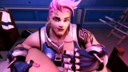 1boy 1girls 3d animated bare_shoulders erection eyebrows facial_scar female green_eyes hair handjob hands lick licking looking_at_viewer male muscular muscular_female nail_polish nose open_mouth overwatch penis penis_kiss penis_lick pink_hair scar short_hair shorter_than_30_seconds shorter_than_one_minute sound source_filmmaker straight tattoo teeth tongue tongue_out video zarya