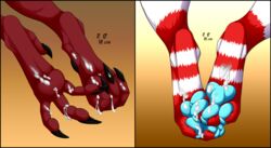 ambiguous_form ambiguous_gender ambiguous_species claws cum cum_on_feet disembodied_leg foot_focus fur hi_res multiple_images pawpads paws red_fur signature silvergrin talons toe_claws white_fur