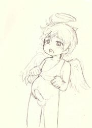 2016 angel balls blush bokustar_fox bottomless clothed clothing erection halo humanoid_penis male open_mouth penis simple_background sketch solo solo_male sota white_background wings young