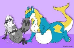 2018 anthro cordite dragon duo eyewear glasses goo_creature hair horn inflation mammal piercing pocketopossum procyonid raccoon scalie simple_background text vore