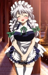 1girls blue_eyes blush breasts female grey_hair highres long_hair maid nature outdoors plant sakuya_izayoi smile solo touhou yadokari_genpachirou