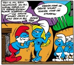 1girls 4boys beard blonde_hair blue_skin cap closed_eyes cmnf dutch_text edit facial_hair female high_heels kissing_hand large_areolae mushroom_house papa_smurf smurfette tagme tail the_smurfs white_hair