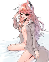 animal_ears bags_under_eyes blush breasts cat_ears dokomon female female_only girls'_frontline labcoat long_hair looking_at_viewer messy_hair persica_(girls'_frontline) pink_hair red_eyes tagme