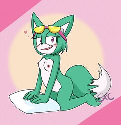 abstract_background anthro archie_comics barefoot blush breasts canine feet female female_only fennec fox fox_tail glasses green_fur heart humanoid_feet kneeling nipples nude pink_eyes pose posing seductive sega shy silverzure simple_background small_breasts smile solo sonar_the_fennec sonic_(series) sonic_the_hedgehog_(archie) sonic_the_hedgehog_(comics) tail teasing toes