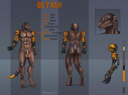 2017 balls beyxer_(beyxer) big_balls brown_scales eliana-asato humanoid_penis male mechanical_arms model_sheet nipples nude orange_eyes penis scales trenco