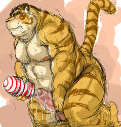 2013 barazoku blush closed_eyes cum cum_in_fleshlight cum_on_penis drooling feline humanoid_penis kemono kneeling kotobuki male mammal muscular obese overweight penetrable_sex_toy penis saliva sex_toy shaking side_view simple_background solo sweat tiger trembling uncut