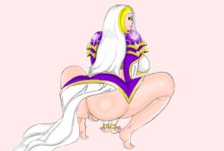 1girls anus ass big_ass blizzard_entertainment blonde_hair blonde_streak blue_eyes breasts female female_only from_behind human jaina_proudmoore large_ass looking_at_viewer no_panties phantamos pussy sideboob soles solo squat squatting warcraft white_hair world_of_warcraft