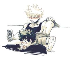 2boys asian asian_male ass ass_up fellatio gay izuku_midoriya katsuki_bakugou looking_at_phone male male_only my_hero_academia oral pants_down penis syblatortue undressing undressing_another yaoi