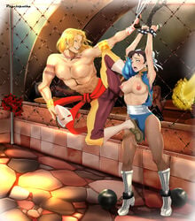 1boy 1girls areolae ball_and_chain blonde_hair breasts brown_hair capcom chained chains chun-li defeated earrings female fighting hair kicking male mask muscular nipples one_eye_closed open_mouth pantyhose psyclopathe rape street_fighter sweat sweatdrop tongue tongue_out torn_clothes vega_(street_fighter) video_games