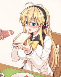 1boy antenna_hair bar_censor blonde_hair blush bread breasts censored cherry_tomato coffee cum cum_on_food cup eating female food green_eyes headphones heart large_breasts long_hair long_sleeves mug null_(nyanpyoun) open_mouth penis plate school_uniform sitting solo_focus straight sweatdrop table tomato tsurumaki_maki voiceroid