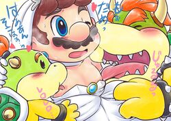 2017 3boys age_difference blush bowser bowser_jr. bridal_gown bridal_veil canon_crossdressing clothed clothing cosplay crossdressing father_and_son gay group hand_on_head human interspecies japanese_text kakalon koopa licking male male_bride male_only mammal mario mario_(series) multiple_boys nintendo nipple_lick nipples saliva scalie simple_background size_difference super_mario_bros. super_mario_odyssey sweat text tongue tongue_out video_games wedding_dress wedding_peach_(super_mario_odyssey)_(cosplay) yaoi