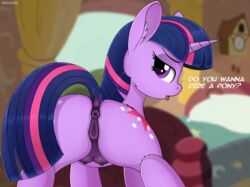 2018 anatomically_correct anatomically_correct_pussy anus ass crotchboobs cutie_mark dialogue digital_media_(artwork) dock english_text equine eyelashes female feral friendship_is_magic fur hair hi_res horn inside looking_at_viewer mammal my_little_pony negasun purple_eyes pussy solo text twilight_sparkle_(mlp) unicorn