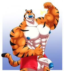 abs anthro balls clothing feline flexing frosted_flakes humanoid_penis male male_only mammal miguel_okami muscular penis precum smile solo tiger tony_the_tiger wardrobe_malfunction