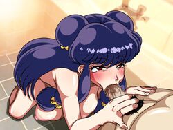 :>= areolae blue_hair blush breasts censored double_bun eyebrows eyebrows_visible_through_hair fellatio female floor from_above garou_damenade highres huge_breasts indoors kneeling legs long_hair looking_at_another male_pubic_hair mosaic_censoring nipples nude oral penis pubic_hair ranma_1/2 red_eyes saliva shampoo_(ranma_1/2) solo_focus standing thighs