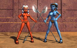 2girls 3d aayla_secura ahsoka_tano alien alien_girl alternate_version_available armband artist_name bald bare_shoulders big_breasts blue_eyes blue_skin bracelet busty choker clone_wars curvy day detailed_background erect_nipple erect_nipples eyelashes female female_only front_view half-dressed half_dressed headgear holding_object hourglass_figure humanoid jabba's_palace jedi jedi_master jedi_padawan kondaspeter mammal marking multiple_females multiple_girls no_bra orange_skin outdoor outside pose posing sandals shadow shiny shiny_skin shoes spread_legs spreading standing star_wars tatooine the_clone_wars:_season_four togruta topless twi'lek vibro_axe voluptuous weapon wide_hips