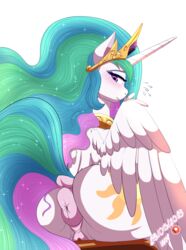 2018 absurd_res alicorn anus ass blush cutie_mark digital_media_(artwork) dock equine eyelashes feathered_wings feathers female friendship_is_magic hair hi_res horn long_hair looking_at_viewer looking_back mammal multicolored_hair multicolored_tail my_little_pony patreon princess_celestia_(mlp) puffy_anus purple_eyes pussy simple_background sitting solo white_background white_feathers wings wolfmask