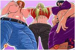 2d 2d_(artwork) 3futas abs alekerectsociety areolae balls belt big_breasts big_penis black_belt black_hair blonde_futa blonde_hair blue_jeans breasts bulge bulge_through_clothing clothed clothing futa_sans_balls futanari futanari_sorority hand_on_breast hand_on_hip intersex julia_(alekerectsociety) light-skinned_futanari light_skin lola_(alekerectsociety) looking_at_viewer looking_down midriff navel nipples_visible_through_clothing orange_hair penis_under_clothes pov sandra_(alekerectsociety) submissive_pov taker_pov testicles topless