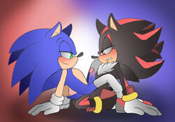 abstract_background all_fours anal anal_sex angelofhapiness anthro clothing duo erection eye_contact footwear gloves green_eyes half-closed_eyes hedgehog male mammal penetration penis red_eyes sex shadow_the_hedgehog shoes sitting smile sonadow sonic_(series) sonic_the_hedgehog yaoi