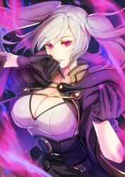 arms_up aura belt female fire_emblem fire_emblem_awakening gloves grima_(fire_emblem) hand_up huge_breasts kokouno_oyazi looking_at_viewer open_clothes purple_eyes robin_(fire_emblem) robin_(fire_emblem)_(female) silver_hair smile twintails