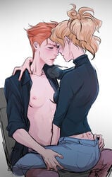 2d 2girls afterlaughs arm_around_neck ass_grab black_shirt blizzard_entertainment blue_eyes blush breasts casual commentary denim dimples_of_venus english_commentary eye_contact hand_in_pants heavy_breathing highres implied_fingering jeans looking_at_another mercy moira multiple_girls nipples open_clothes open_shirt orange_hair overwatch pants shirt short_hair sleeves_rolled_up small_breasts turtleneck yuri