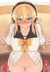 antenna_hair blonde_hair blush bottomless breasts cleavage cum cumdrip female green_eyes headphones headset large_breasts long_hair long_sleeves looking_at_viewer navel null_(nyanpyoun) panties thighhighs tsurumaki_maki underwear vocaloid voiceroid