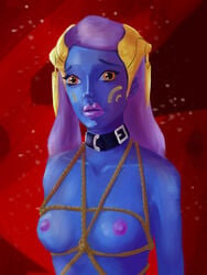 2018 alien alien_girl background blue-skinned_female blue_skin bondage breasts clone_wars collar femsub forced herbatnik neckwear nipples orange_eyes pantoran purple_hair purple_nipples red_background riyo_chuchi rope_bondage rope_harness ropes sad simple_background small_breasts solo solo_female star_wars submissive worried yellow_eyes