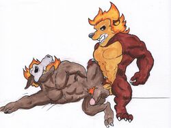 2boys anal anthro azul_(artist) balls erect erect_penis erection forsburn fur furry furry_only gay male male_focus male_only mammal mane penis pubes pubic_hair rivals_of_aether simple_background testicles white_background yaoi zetterburn