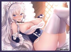 artist_name azur_lane bangs belfast_(azur_lane) blush braid breasts cleavage eyebrows_visible_through_hair female frill_trim gloves indoors large_breasts long_hair looking_at_viewer lying maid_headdress nipple_slip nipples on_back panties purple_eyes side-tie_panties side_braid smile solo string_panties sunlight thighhighs underbust underwear untied untied_panties white_hair white_legwear white_panties window yaman