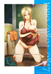 1girls apron barefoot blonde_hair blue_eyes blush bra bra_removed breasts collarbone copyright_name cross cross_earrings cum cum_on_body earrings facial female halterneck highres indoors jewelry kamimura_akiko kneeling large_breasts long_hair looking_at_viewer nipples nose_blush official_art open_mouth page_5 page_number panties pants_removed panty_pull pink_bra pink_panties pussy pussy_juice sisters_~natsu_no_saigo_no_hi~ solo sweat taki_minashika underwear