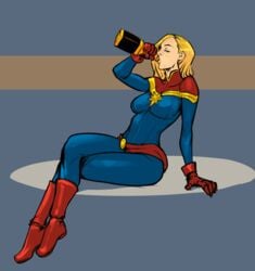 1girls alcohol animated areolae blonde_hair bodysuit bottle breasts captain_marvel carol_danvers drinking drunk female female_only izra looking_at_viewer marvel navel nipples nude solo undressing