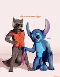 2018 2boys 4_fingers alien anthro balls big_balls big_penis black_eyes blue_claws blue_fur blue_nose brown_fur claws clothed clothing death_battle disney duo experiment_(species) fur gay guardians_of_the_galaxy hi_res huge_balls humanoid_penis hyper hyper_balls lilo_and_stitch male male_only mammal marvel marvel_comics muscular nude open_mouth open_smile penis procyonid raccoon rocket_raccoon simple_background smile standing stitch tall_lizzard_(artist) toes uncut white_background yaoi