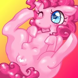 <3_censor 2015 blue_eyes blush box_xod censored condom condom_in_mouth crotchboobs earth_pony equine eyelashes female feral friendship_is_magic gradient_background hair heart horse low_res lowres lying mammal mane my_little_pony on_back one_eye_closed pink_hair pinkie_pie_(mlp) pony presenting presenting_pussy pussy red_background simple_background small_crotchboobs solo spread_legs spreading tagme wink yellow_background