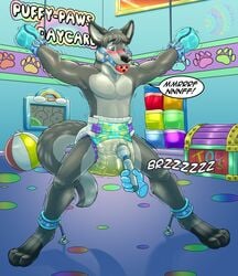 1boy ankle_cuffs anthro ball_gag bondage_mittens daycare diaper furry furry_only gag gagged gagged_male ghost_hands hitachi_magic_wand male male_only malesub restrained vibrator vibrator_on_diaper wand_vibrator wet_diaper wrist_cuffs