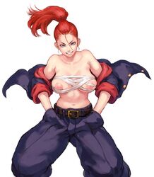 bancho bare_shoulders breasts collarbone cowboy_shot female hands_in_pockets large_breasts looking_at_viewer mikanman navel nipples original ponytail red_hair sarashi simple_background smile solo standing tomboy undone_sarashi white_background