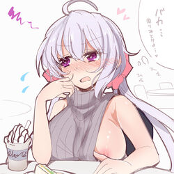 akitsuchi_shien blush breasts female flashing heart heart-shaped_pupils highres large_breasts meme_attire nipples no_bra open_mouth oppai_challenge public purple_eyes ribbed_sweater senki_zesshou_symphogear simple_background solo sweater symbol-shaped_pupils virgin_killer_outfit virgin_killer_sweater white_background white_hair yukine_chris