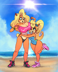 2019 2girls anthro background bandicoot beach bikini bimbo blonde_hair breasts clothing coco_bandicoot crash_(series) eyeshadow female footwear hug huge_breasts large_breasts lipstick long_hair makeup nitro ponytail shoes size_difference sketch small_breasts swimsuit tawna_bandicoot thick_thighs yuri