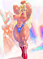 abs american_flag american_flag_bodysuit armpits arms_up biceps blonde_hair breasts female large_breasts long_hair muscle muscular_female nipples solo statue_of_liberty thick_thighs ukatsu_juuzou united_states_of_america