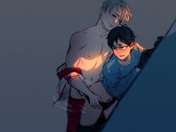 2boys anal anal_penetration anal_sex black_hair black_hair_bottom canon_couple clothed_sex doggy_style domination from_behind from_behind_position gay katsuki_yuuri light_hair_on_dark_hair male_only penis_under_clothes viktor_nikiforov white_hair white_hair_on_black_hair white_hair_top yaoi yuri!!!_on_ice