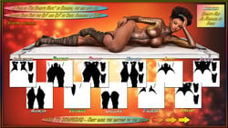 1girls 3d artist_name becarra big_breasts bodysuit boots brown_eyes brown_hair busty chair cleavage curvy dark-skinned_female dark_skin detailed_background english_text eyelashes eyeshadow female female_only front_view hair_bun high_heel_boots high_heels hourglass_figure human looking_at_viewer lying makeup nadia_mbala nail_polish pose posing shadow shiny shiny_skin short_hair solo text voluptuous wide_hips