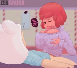 1boy 1girls adventure_time big_breasts black_eyes breasts clothed colored faceless_male fellatio finn_the_human heart high_resolution highres huge_breasts huge_cock huge_penis oppai oral paizuri penis pink_hair pink_skin princess_bubblegum shirt spoken_heart sweater text tongue watermark zebcrush