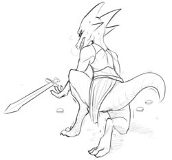 all_fours anthro anus black_and_white clothed clothing coin dripping female full-length_portrait high-angle_view kobold loincloth loincloth_aside looking_back melee_weapon monochrome open_mouth panting portrait pussy rear_view scalie sharp_teeth simple_background sketch solo sweat sword teeth w4g4 weapon white_background