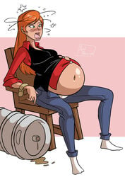 1girls alcohol axel-rosered belly ben_10 ben_10_alien_force ben_10_ultimate_alien blush bondage breasts button_down_shirt button_gap cartoon_network drunk female female_only green_eyes gwen_tennyson gwen_tennyson_(alien_force) huge_belly inflation jeans navel open_fly open_mouth orange_hair pregnant ready_to_pop resting_breasts restrained sideboob solo straining_buttons strapped_down stuffed tied_up tight_clothing white_panties