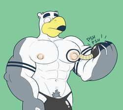 abs anthro anti_dev avian ayden_(brogulls) beak bird brogulls bulge clothed clothing english_text green_background holding_object male male_only muscular nipple_pump nipples pubes seagull simple_background solo standing text topless