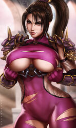 armor big_breasts bodysuit breasts brown_hair dandon_fuga female female_only hair large_breasts long_hair looking_at_viewer ninja ponytail ripped_clothing solo soul_calibur soul_calibur_iv taki thunder_thighs