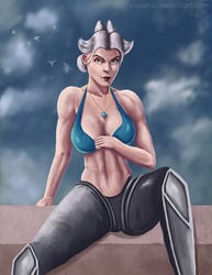 big_breasts camille_ferros clouds league_of_legends pale_skin pendant simple_background sitting white_hair