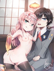 1boy 1boy1girl 1girls darling_in_the_franxx erect_nipples hiro_(darling_in_the_franxx) horns levi_storm nipples pantyhose pussy signed uniform zero_two_(darling_in_the_franxx)